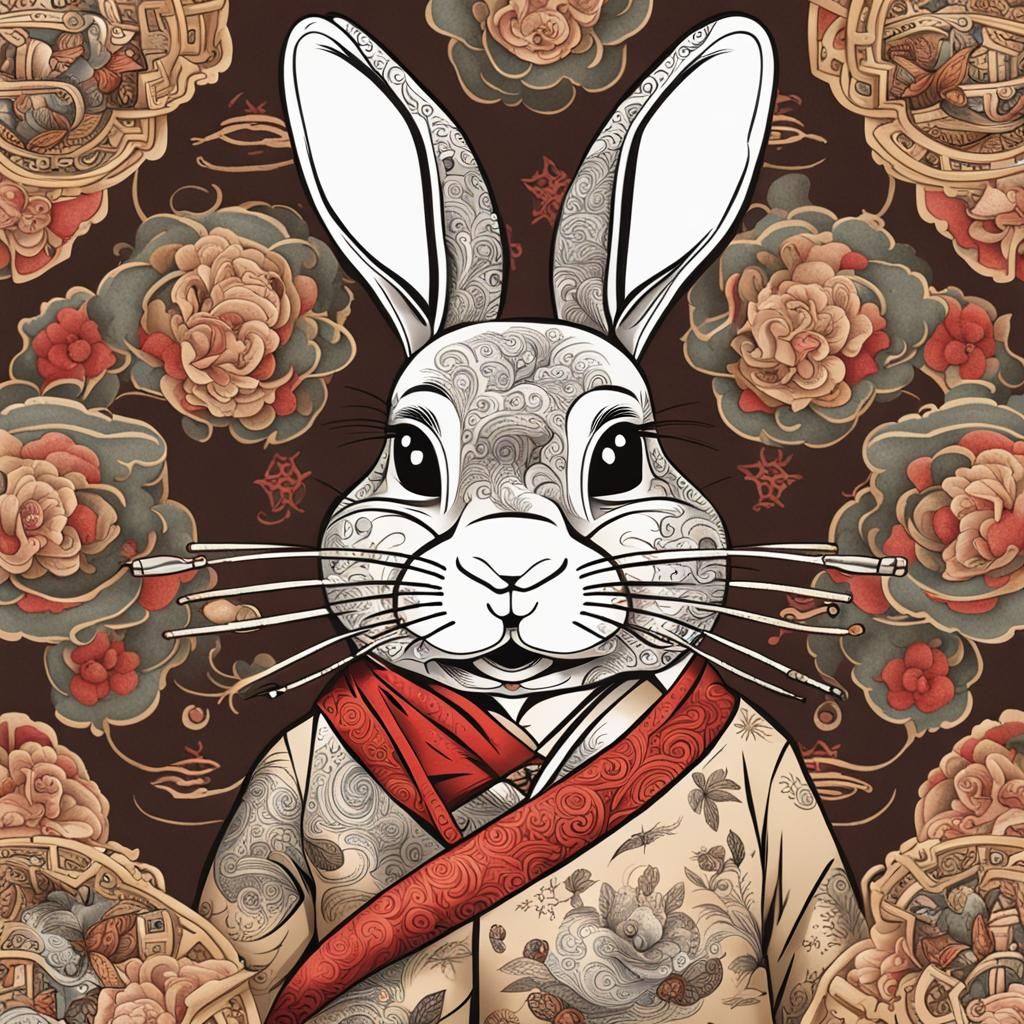Tattooed Rabbit Smoking Cigar, Asian Style Art