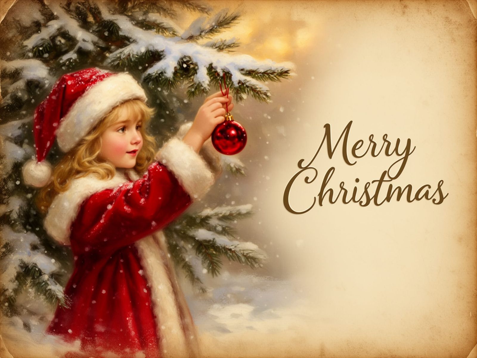 Vintage Christmas Postcard Oil Painting with Girl and Tree