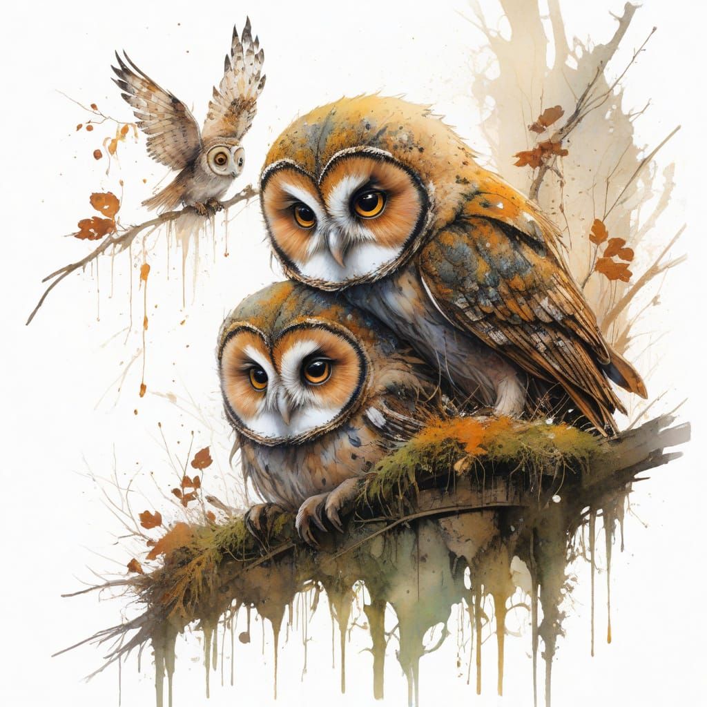 Two Barn Owls on Library Gable, Watercolour Style