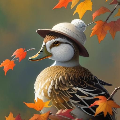 Duck in Wool Hat: Impressionistic Watercolor Autumn Scene
