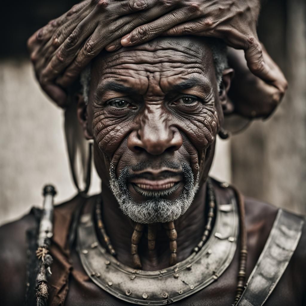 African Warrior Portrait with Greek Armor, Gritty Realism
