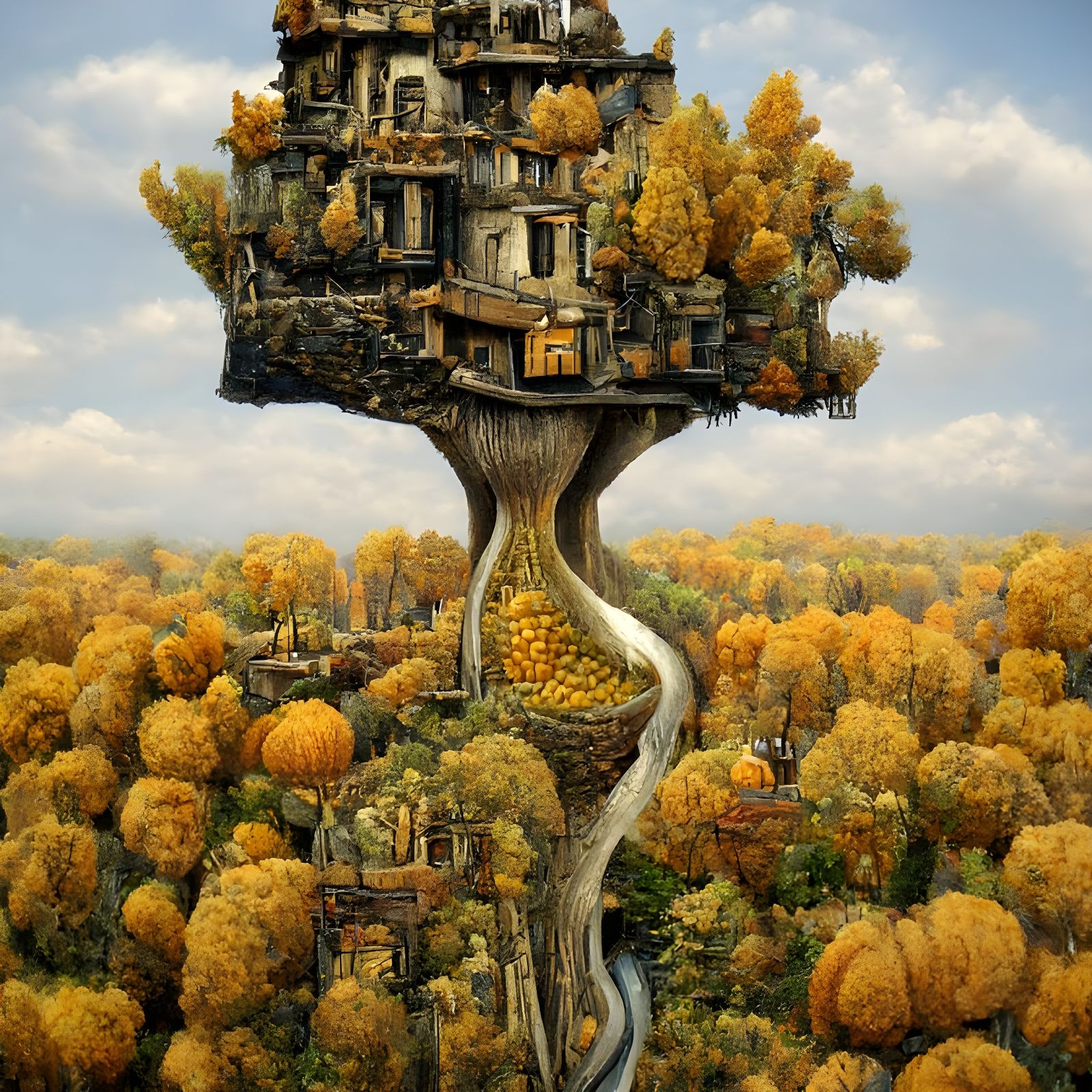 Autumnal Treehouse Skyscraper: Surreal Oil Painting