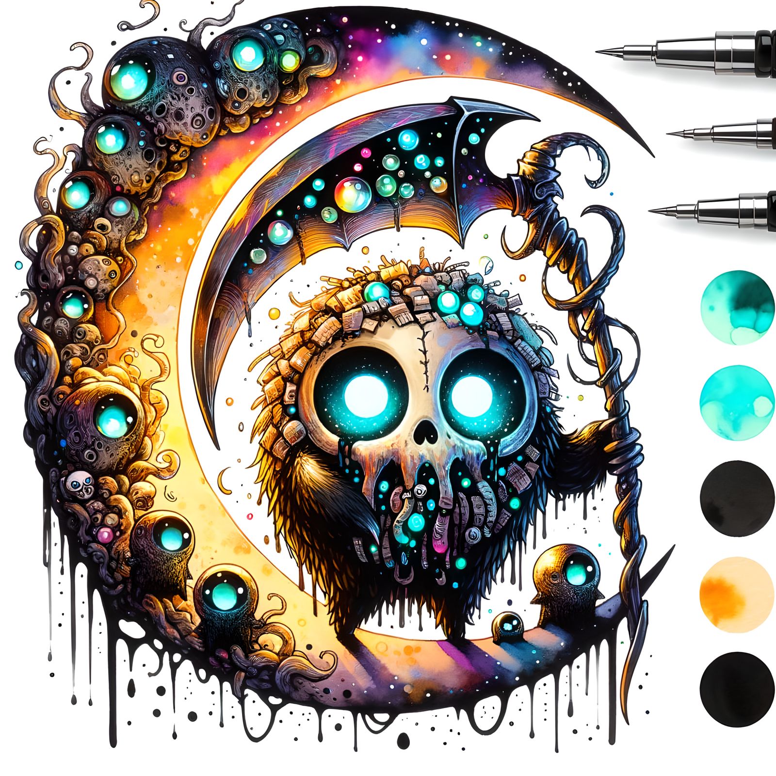 Gothic Watercolor Scythed Moon and Trash Creature