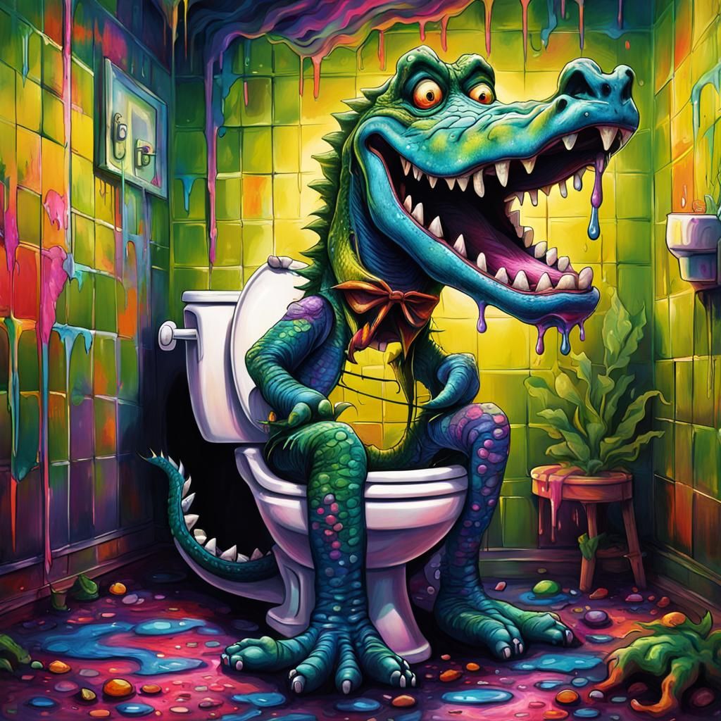 Alligator on Toilet in Psychedelic Art Style
