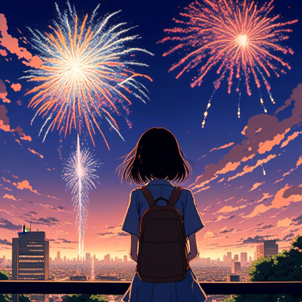 Anime Girl Watching Fireworks in Conceptual Art Style