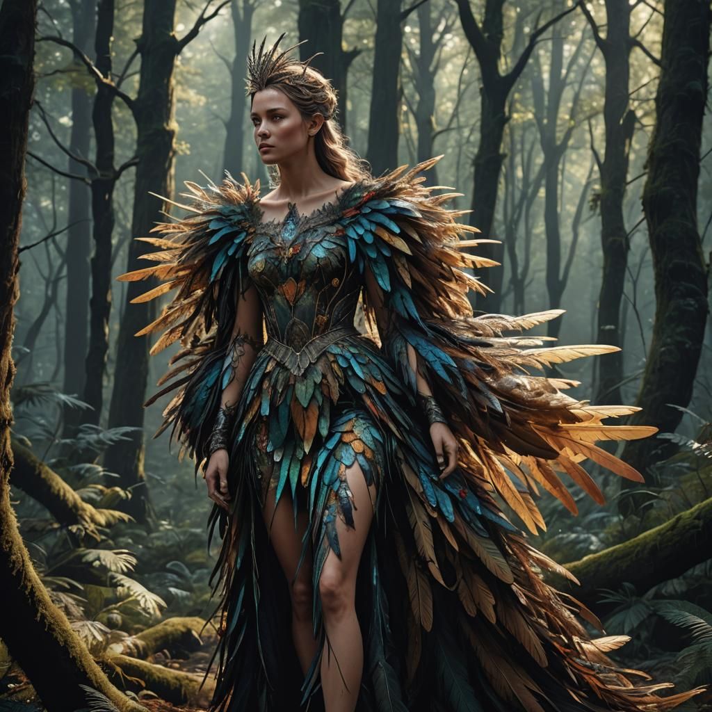 Feathered Dress in Dark Forest, Detailed Digital Art