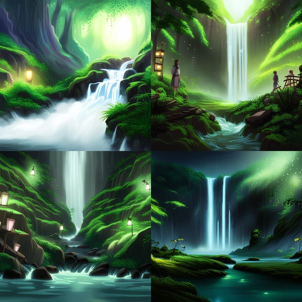 Enchanted Waterfall in Magical Forest: Ghibli-Inspired Anime