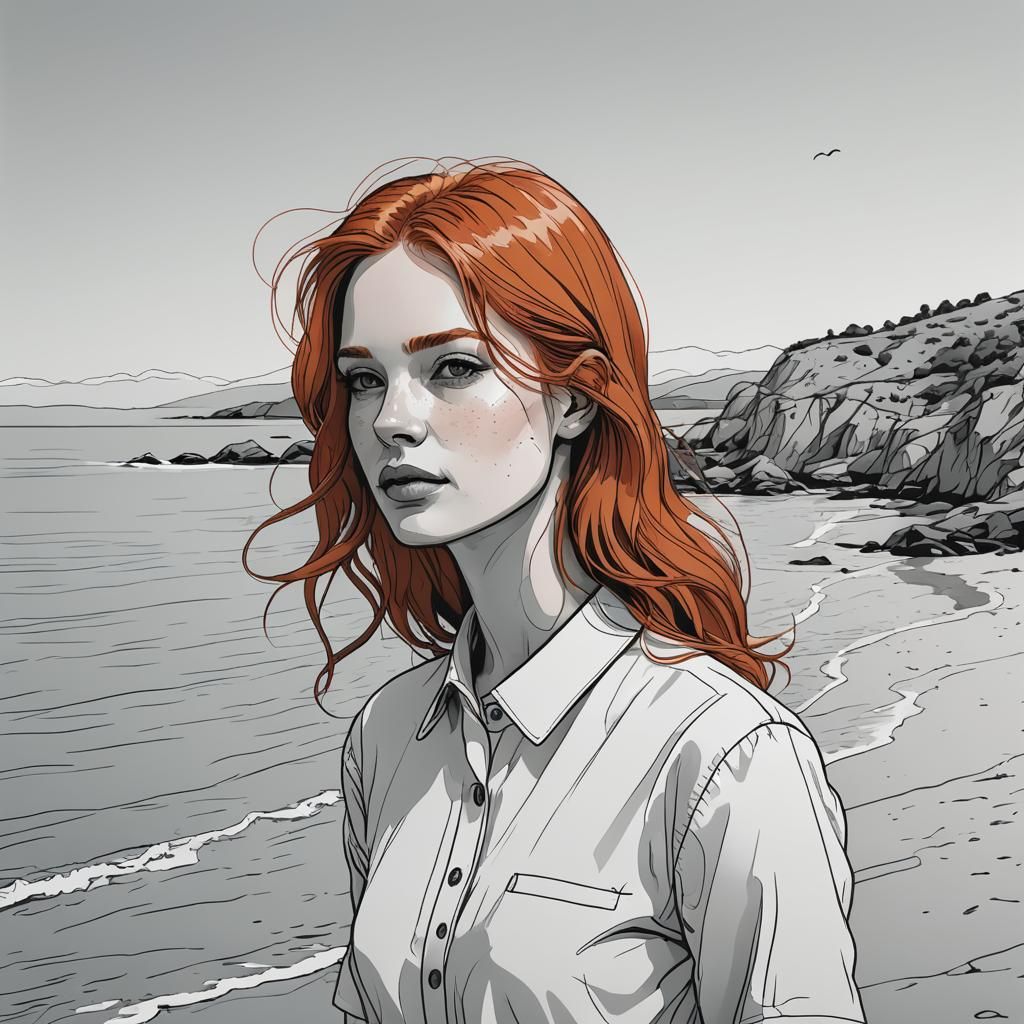 Redhead Girl on Sea Shores: Minimalist Line Art