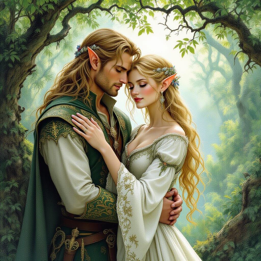 Elegant Elven Couple in Enchanted Forest