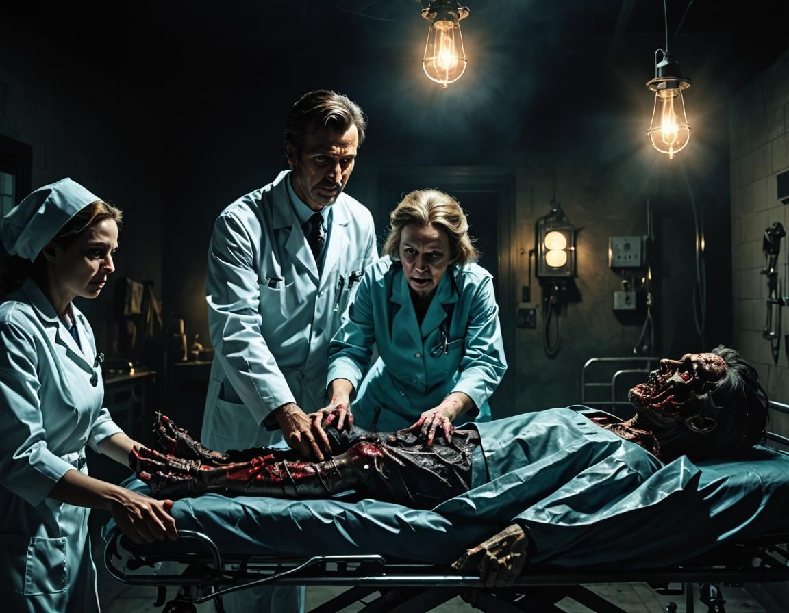 Eerie Morgue Scene: Doctor and Nurse in Dark Surrealism Styl...