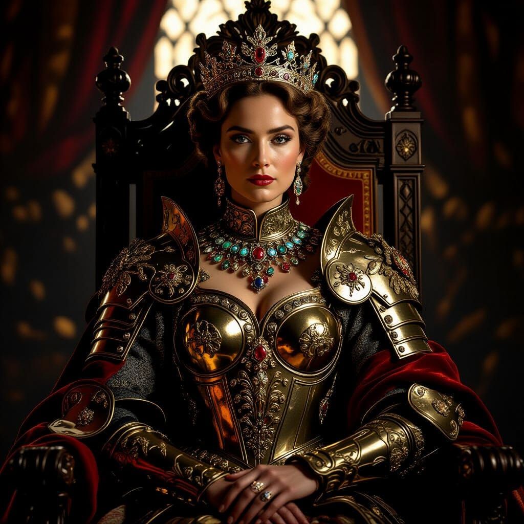 Regal Queen in Jeweled Armor Under Cinematic Light