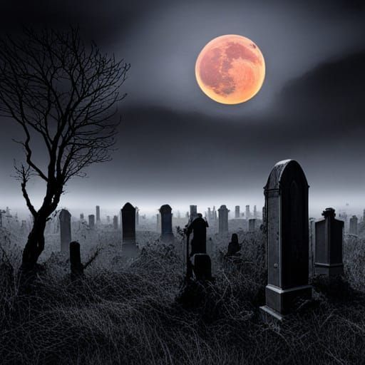 Blood Red Moon Over Graveyard in Horror Style