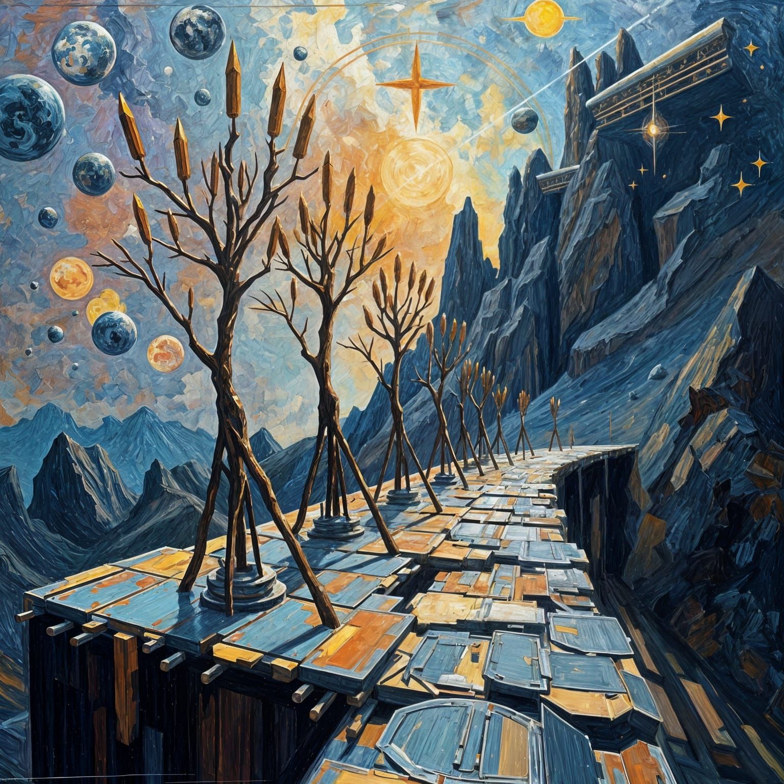 Cosmic Landscape with Inclined Structures as Impasto Paintin...