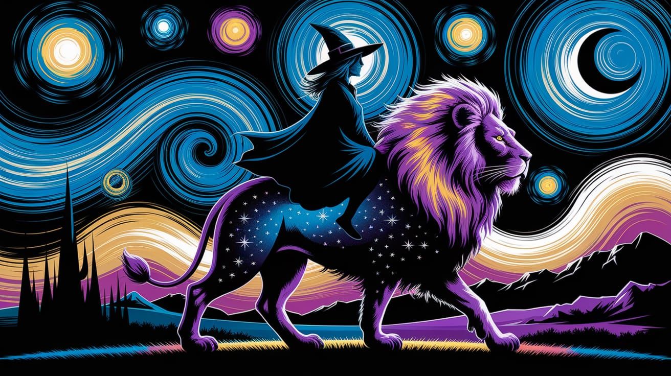 Cosmic Witch Riding Majestic Lion Under Constellations