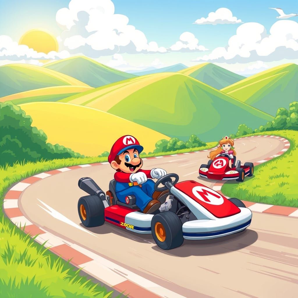 Mario Kart Adventure in Vibrant Cartoon Style