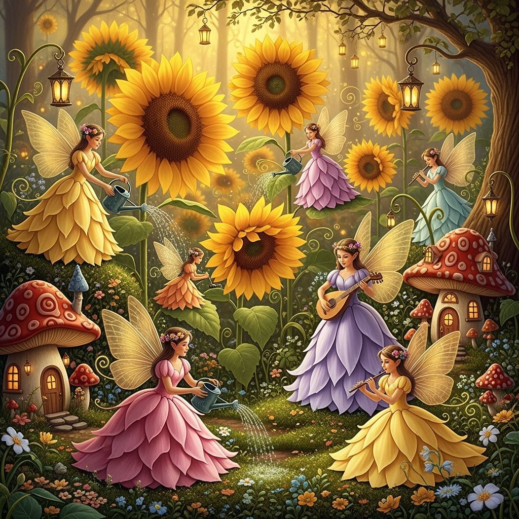 Enchanting Fairy Garden with Sunflowers in Fantasy Style