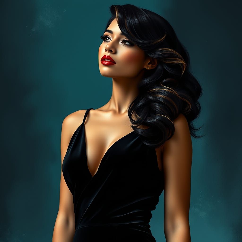 Elegant Latina Woman in Velvet Gown, Surreal Portrait