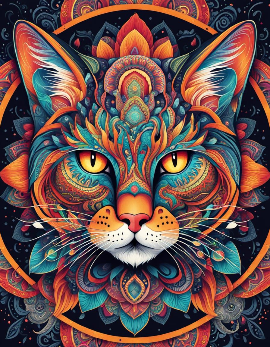 Stylized Cat Face Mandala in Bright Colors