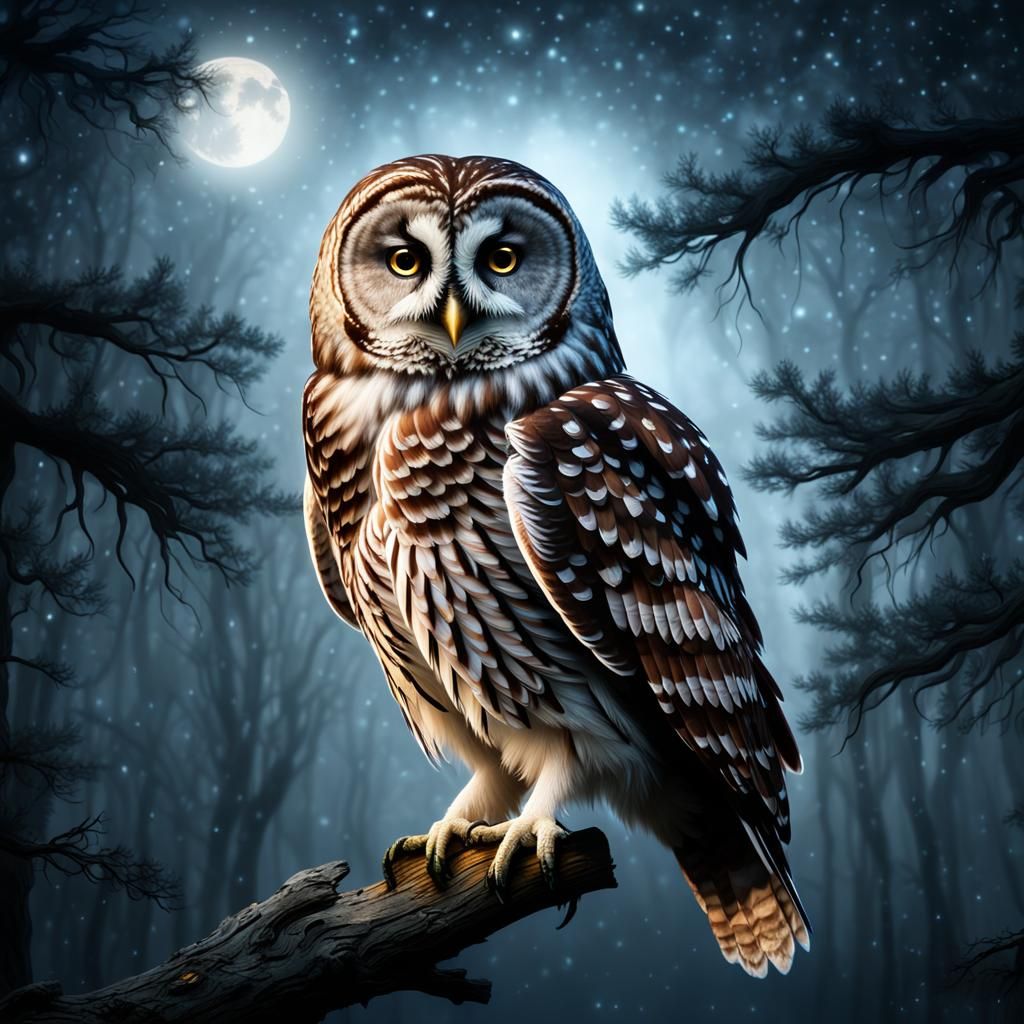 Starry-Winged Owl in Moonlight: Digital Matte Painting