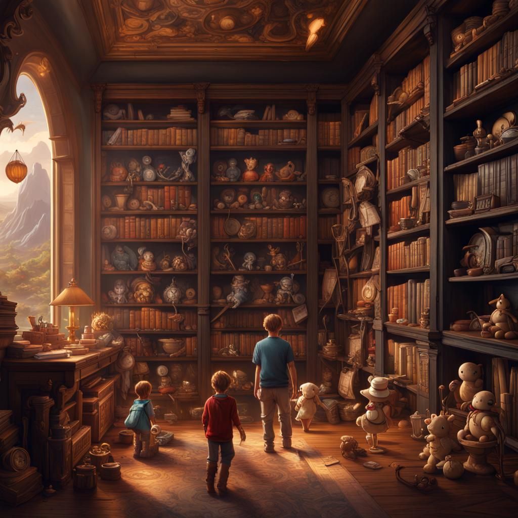 Fantastical Bookshelf Filled with Toys and Treasure