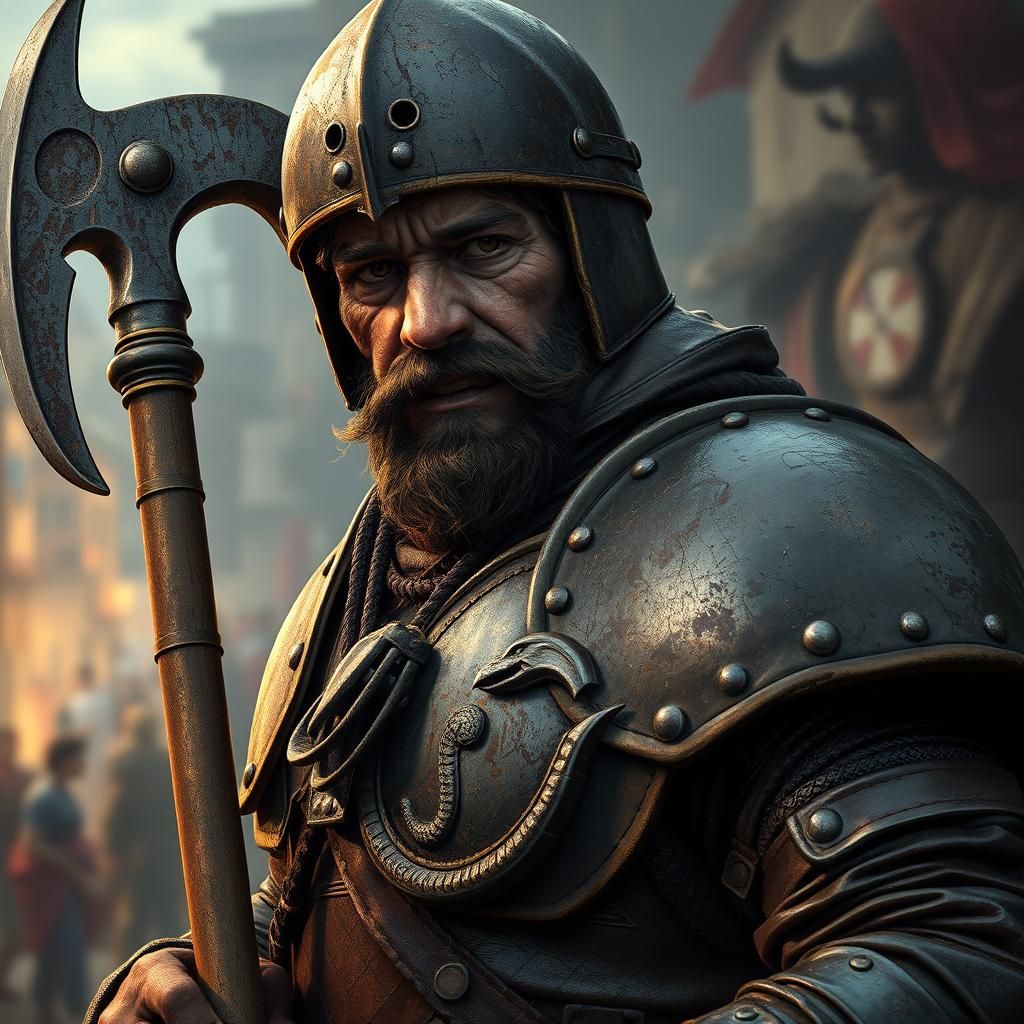 Medieval City Guard with Halberd, Hyperrealistic Art