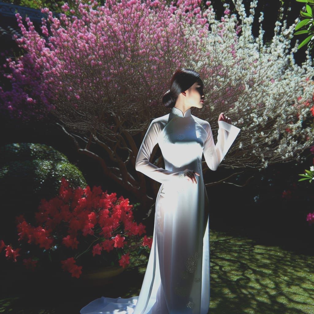 Elegant Woman in White Ao Dai in Garden