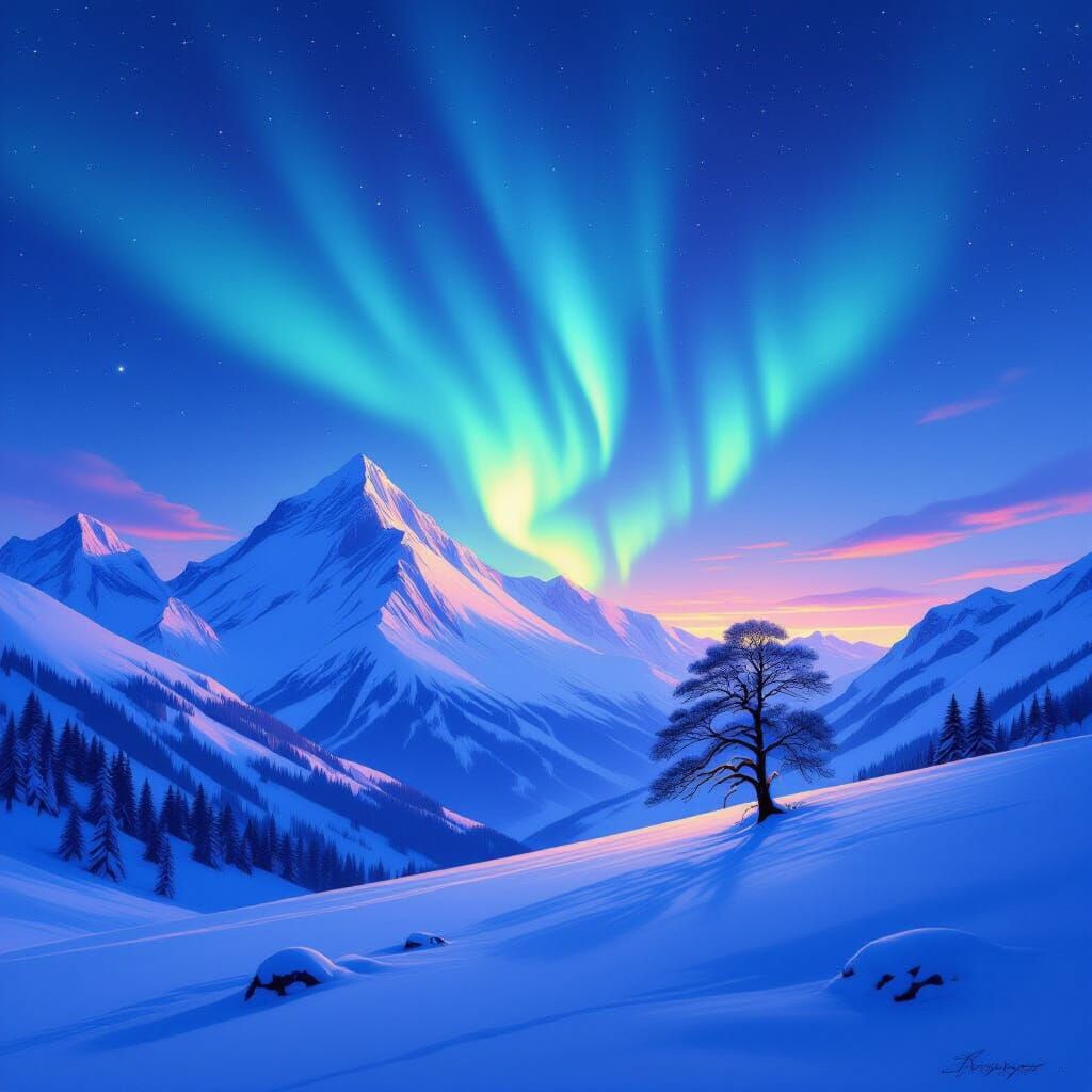 Majestic Mountains Under Aurora Borealis