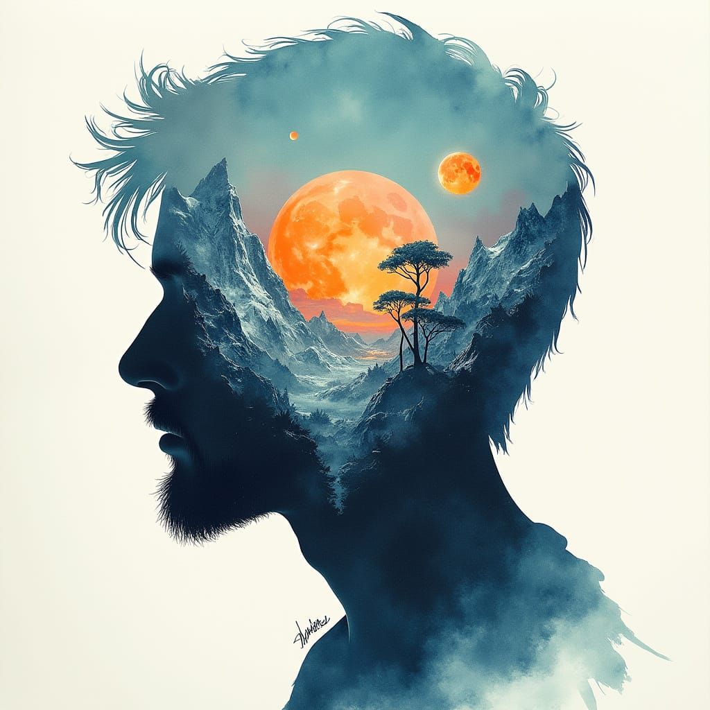 Watercolor Man Silhouette with Alien Planet