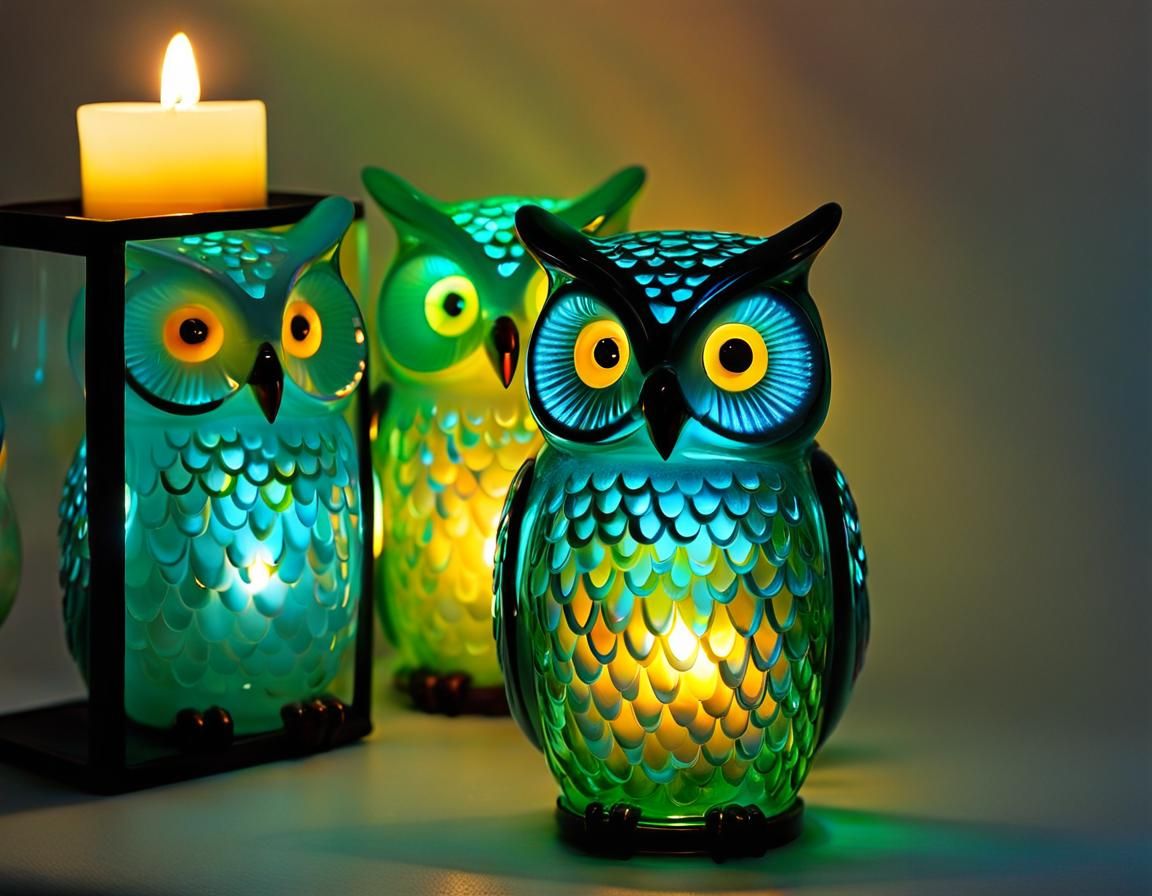 Enameled Glass Owl Figurine with Candlelight