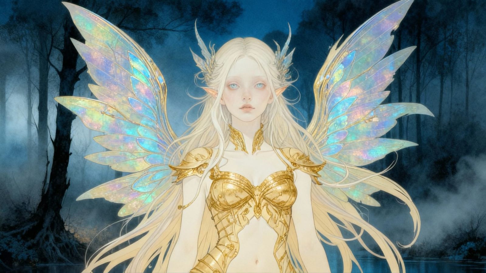 Pale Fairy Portrait in Foggy Forest with Gold Details