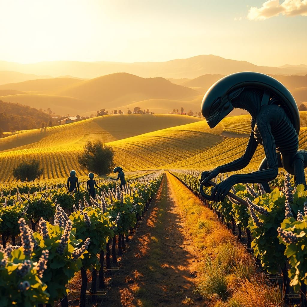 Impressionist Sci-Fi Vineyard Scene