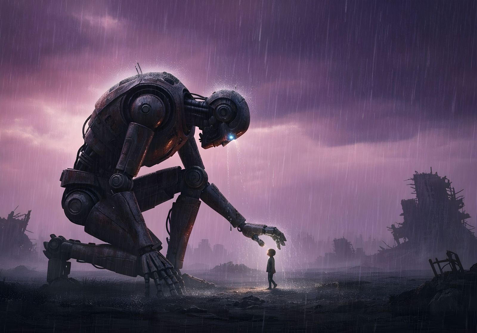 Giant Rusted Robot Protects Child in Dystopian Rainstorm