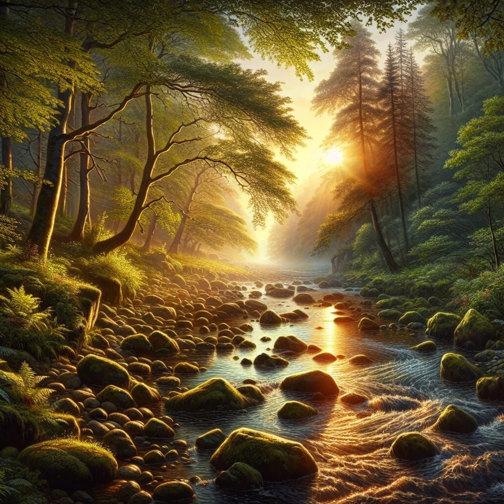 Photorealistic Stream Glitters at Sunset in English Forest