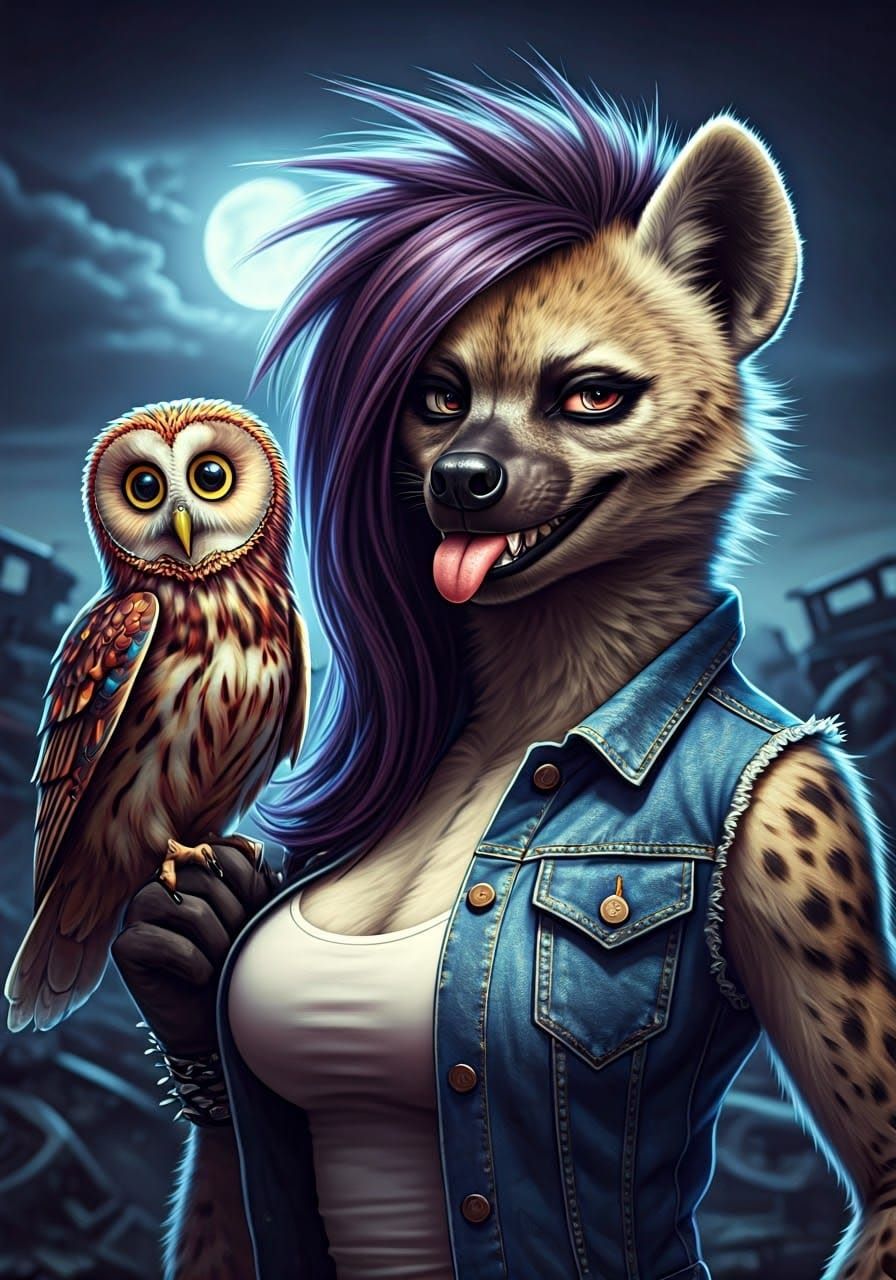 Anthropomorphic She-Hyena and Colorful Owl in a Dramatic Jun...