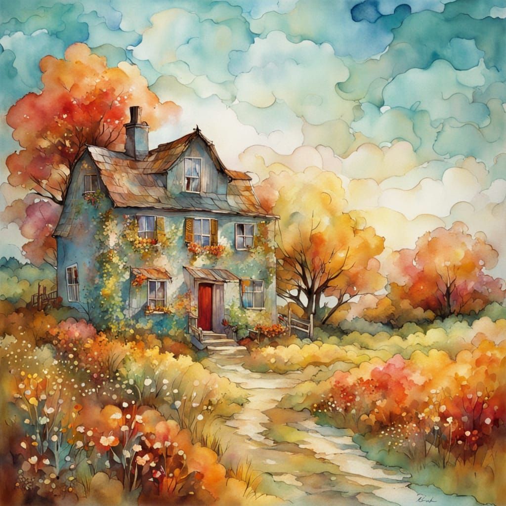 Whimsical Autumn Farmhouse Landscape in Alcohol Ink