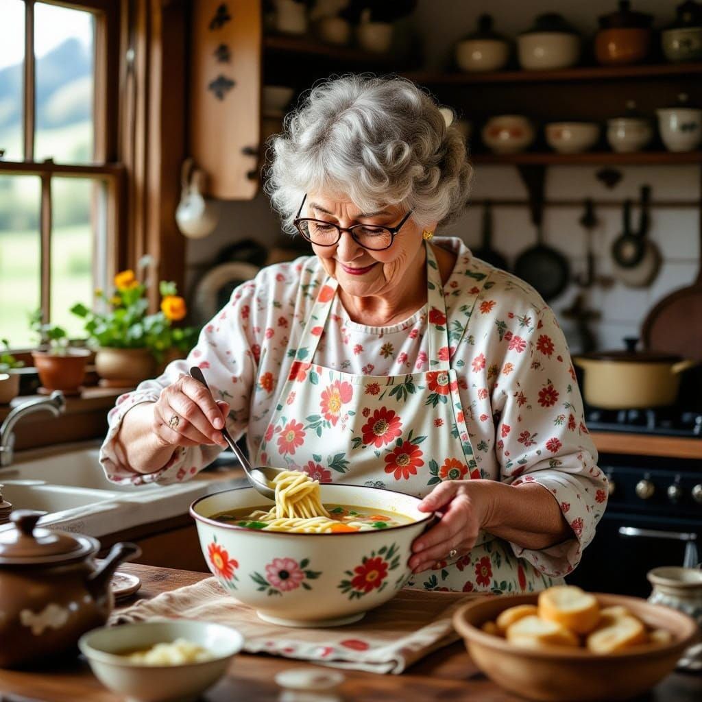 Grandma's Eyeball Noodle Soup in Folk Art Style