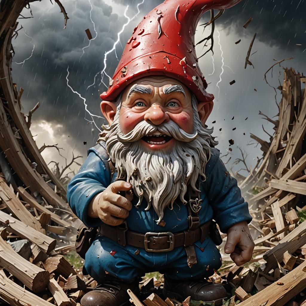 Gnome Emerges from Tornado in Hyper-Realistic Style