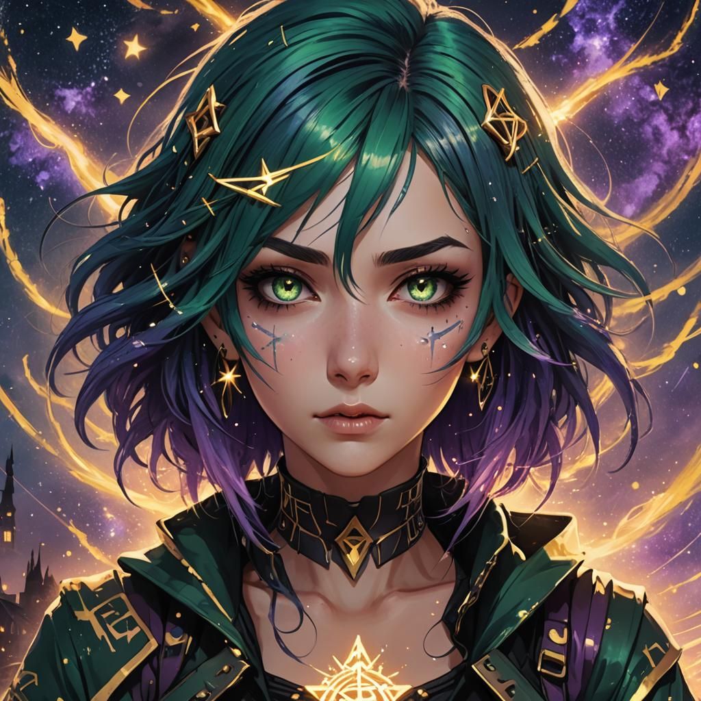 Anime Witch Summons Magic Runes in Starry Night