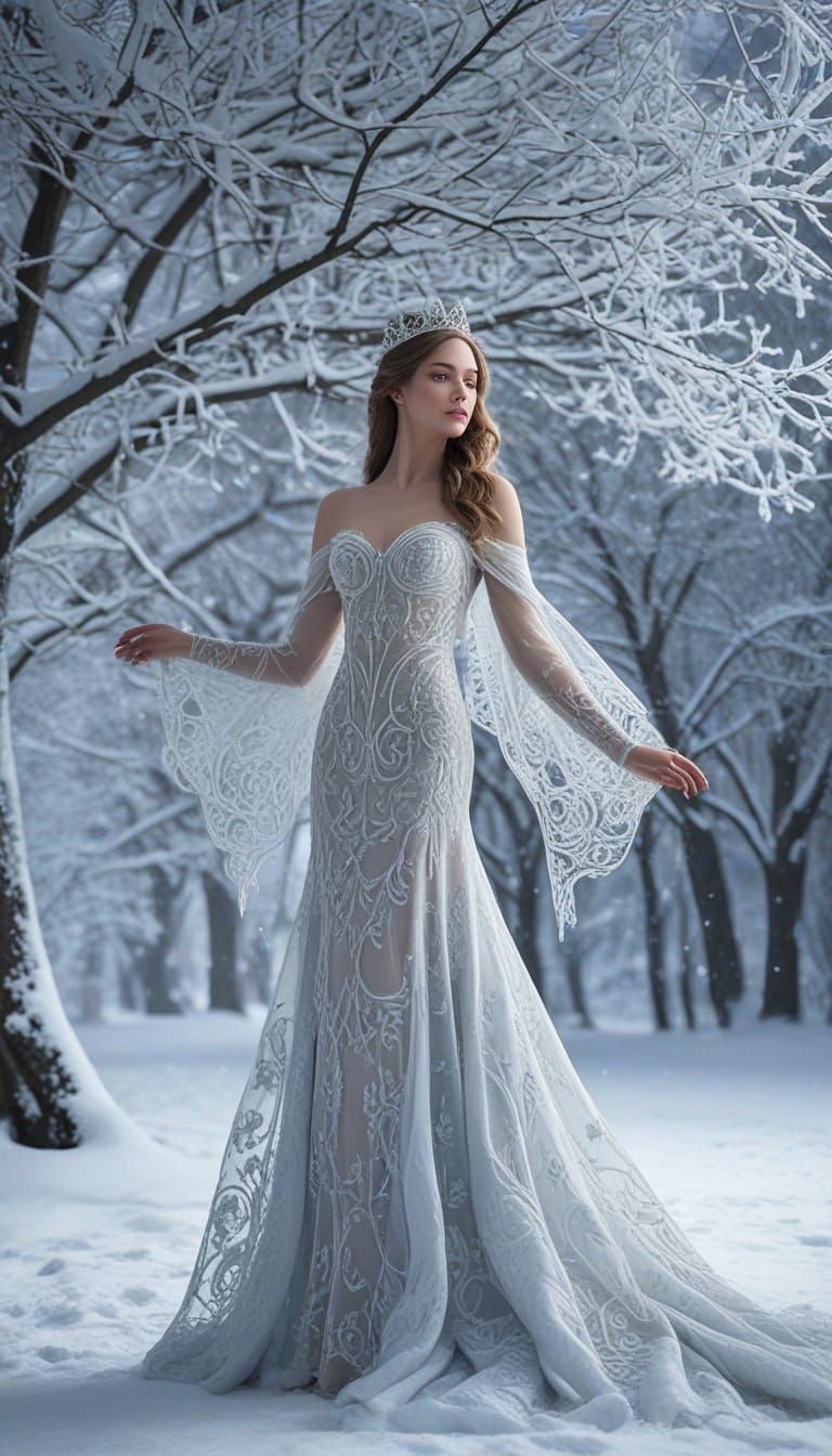 Ethereal Winter Goddess in Snowflake Dress with Frosty Hair....