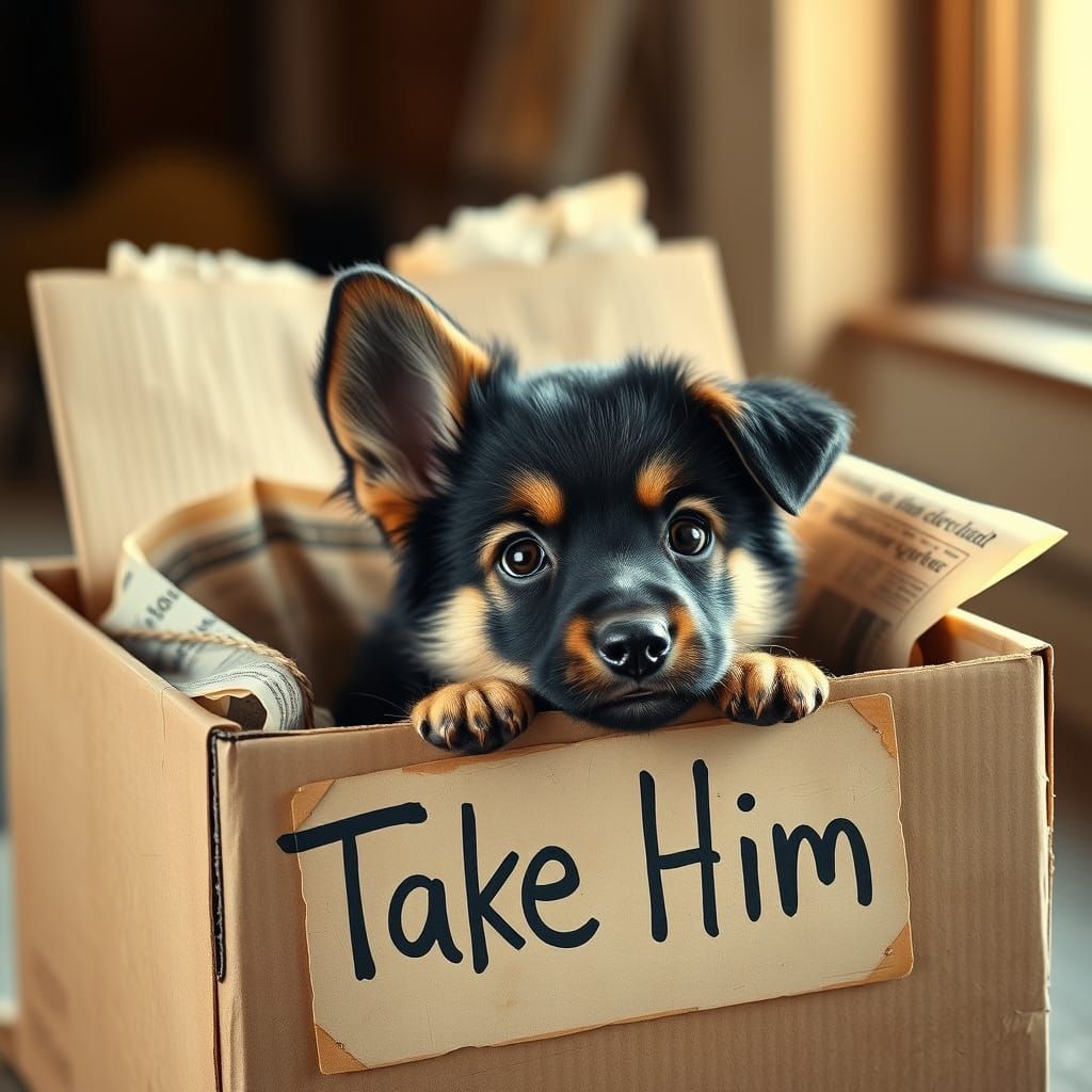 Vintage-Style Cardboard Box Holds a Cuddly German Shepherd P...