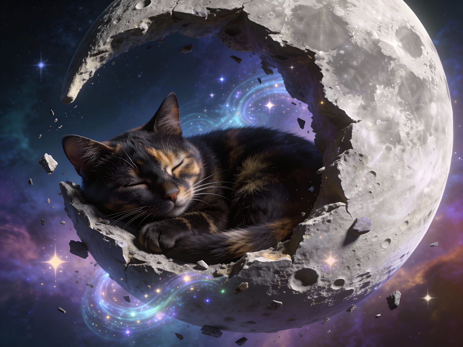 Cat Rests on Cosmic Moon Fragment in Fantasy Art