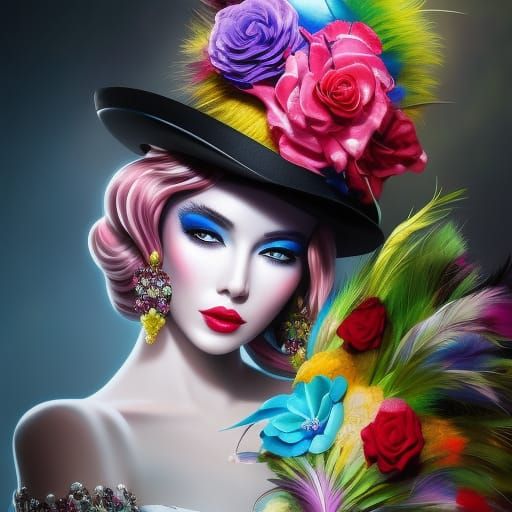 Extravagant Mad Hatter Hat with Flowers and Feathers