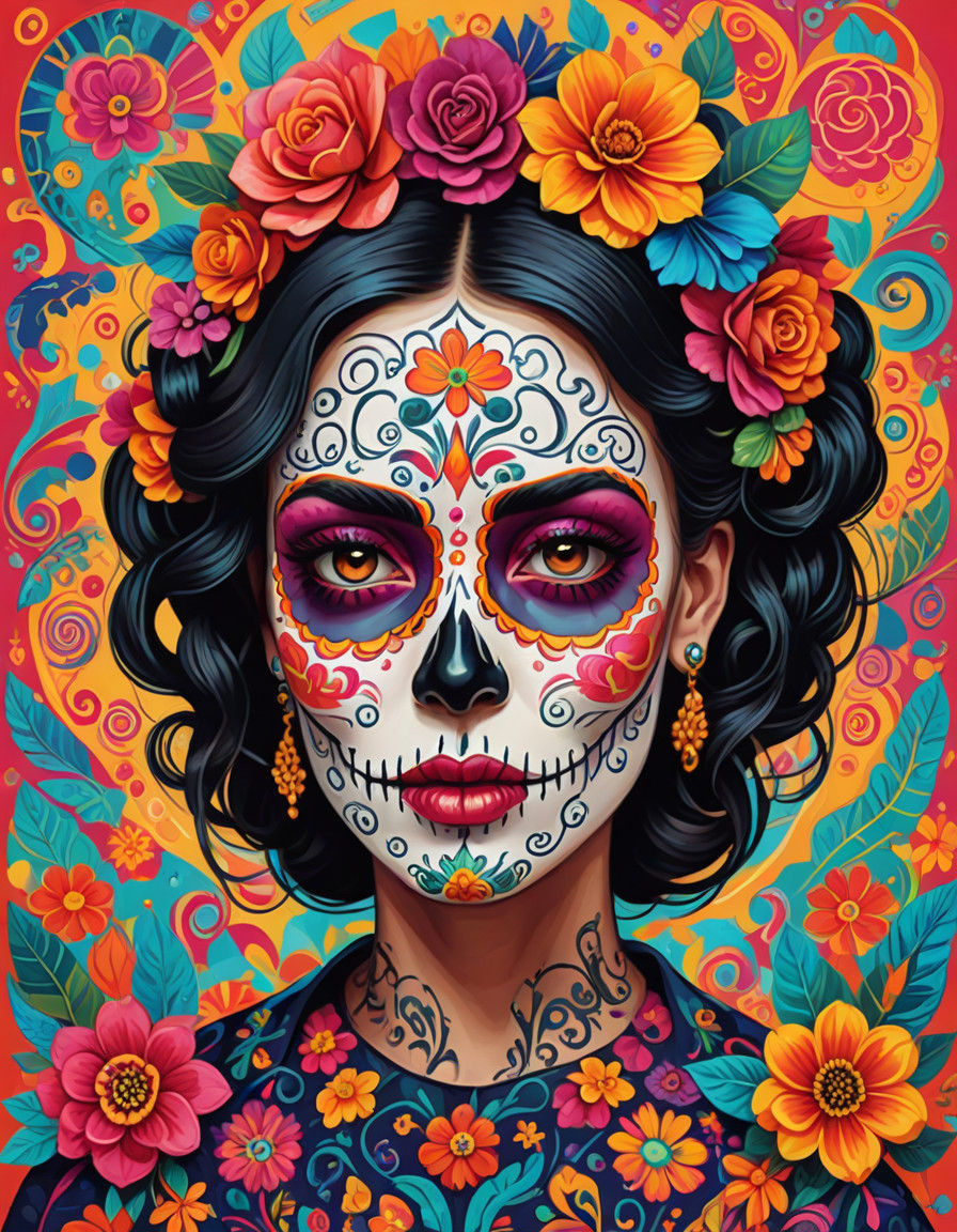 Vibrant El Dia de los Muertos Portrait with Whimsical Detail...