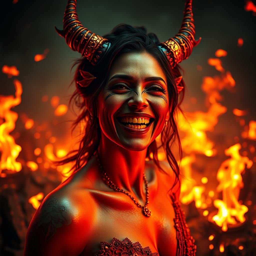 Woman and Demon in Fiery Dystopian World