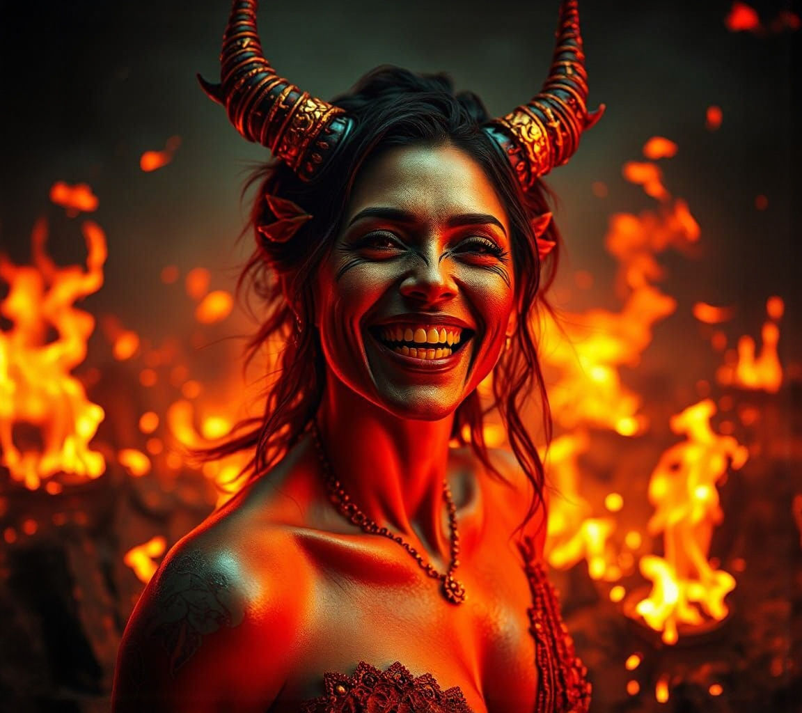Smiling Demon Woman in Fiery Dystopian World