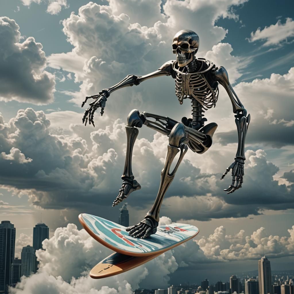 Metallic Skeleton Surfing Above Future Cityscape