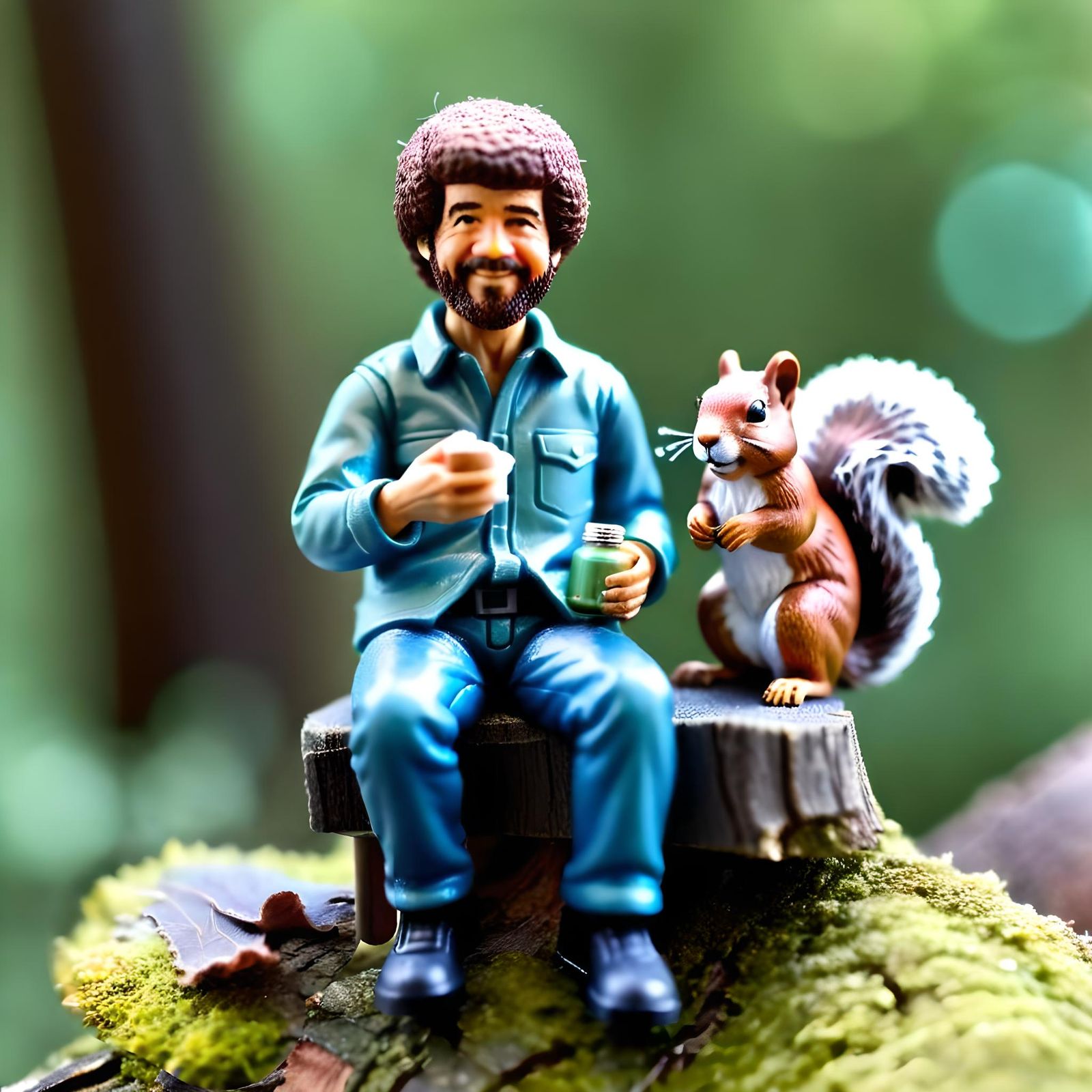 Hyperrealistic Bob Ross Action Figure with Squirrel