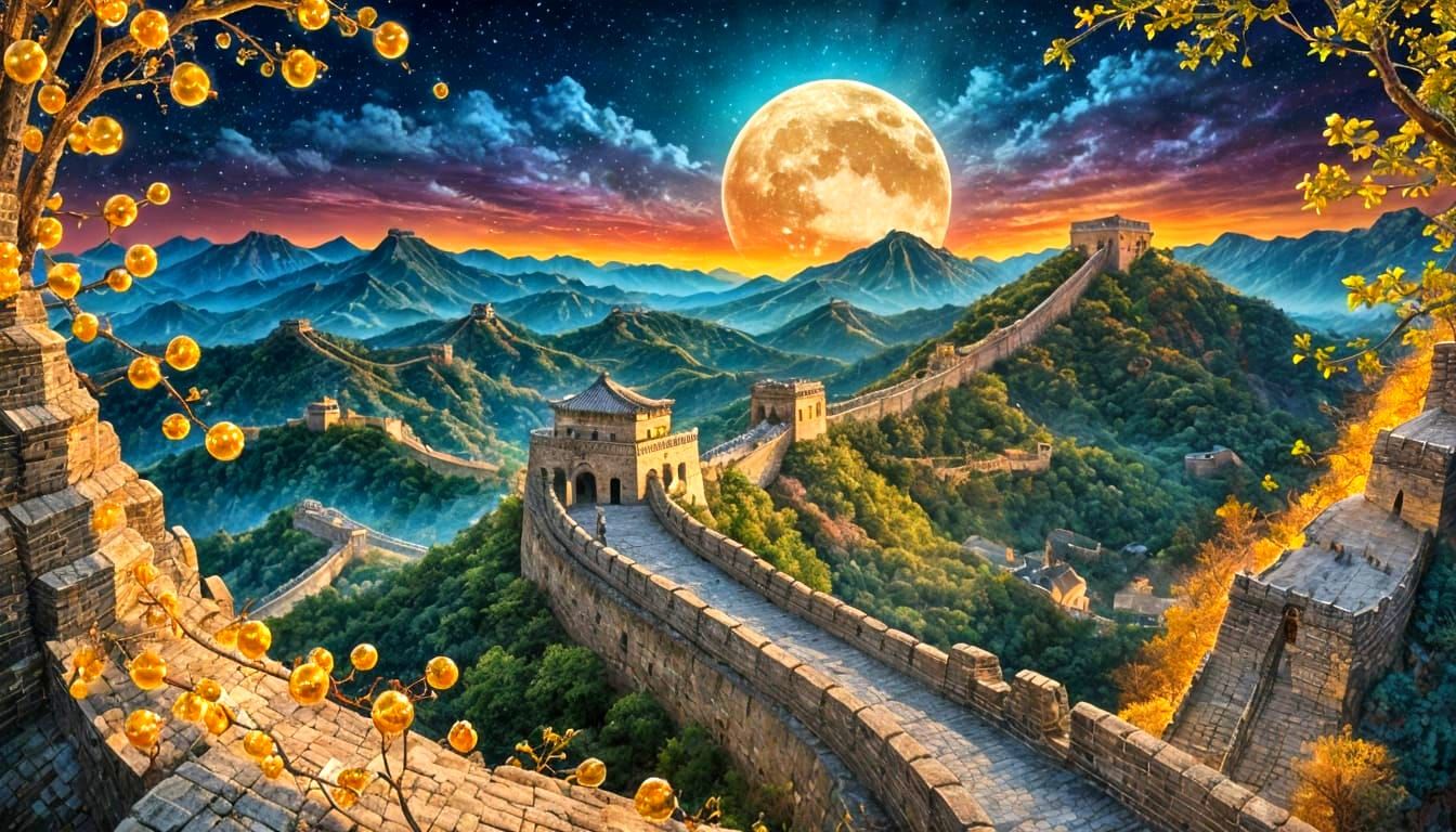 Moonlit Great Wall of China in 3D Alcohol-Ink Glass