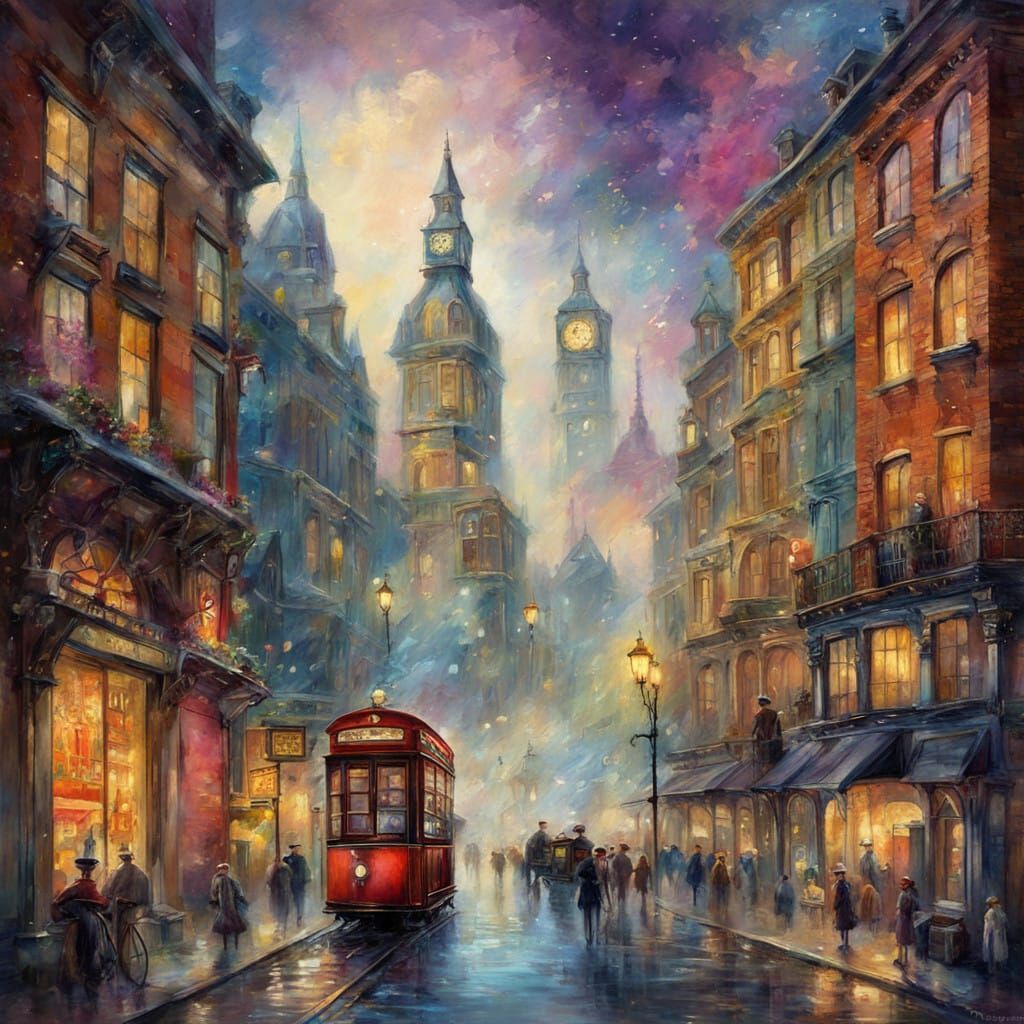 Whimsical 1880s London Street Scene in Steampunk Mist