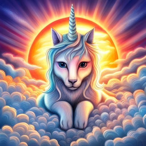 Colorful Cat Unicorn in Pencil Drawing Style